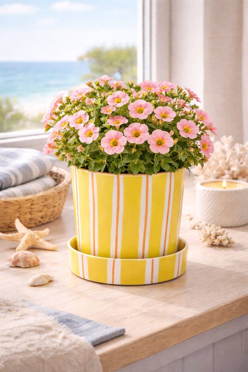 Yellow/Orange Stripe Planter with Saucer - Retro #22728