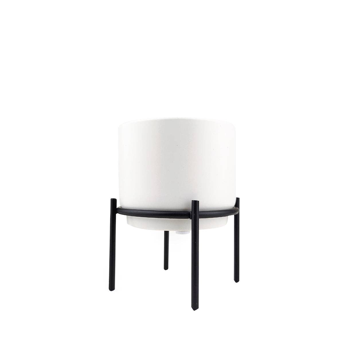 4" Solid White Ceramic Planter with Black Metal Stand