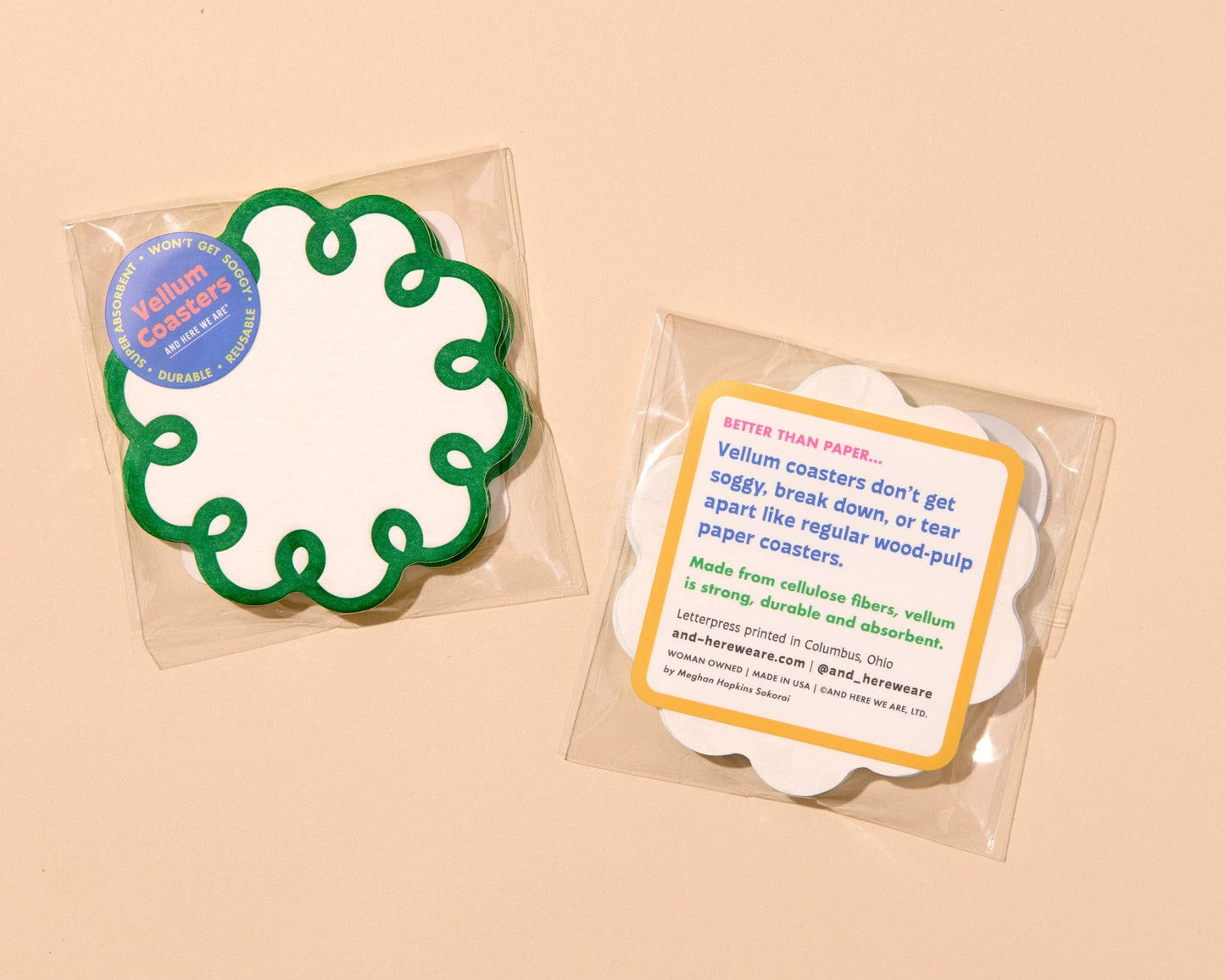 Coquette Scalloped Letterpress Vellum Coasters - Emerald Green (Set of 4) - Made in USA - Stocking stuffer, Holiday, Gift Guide