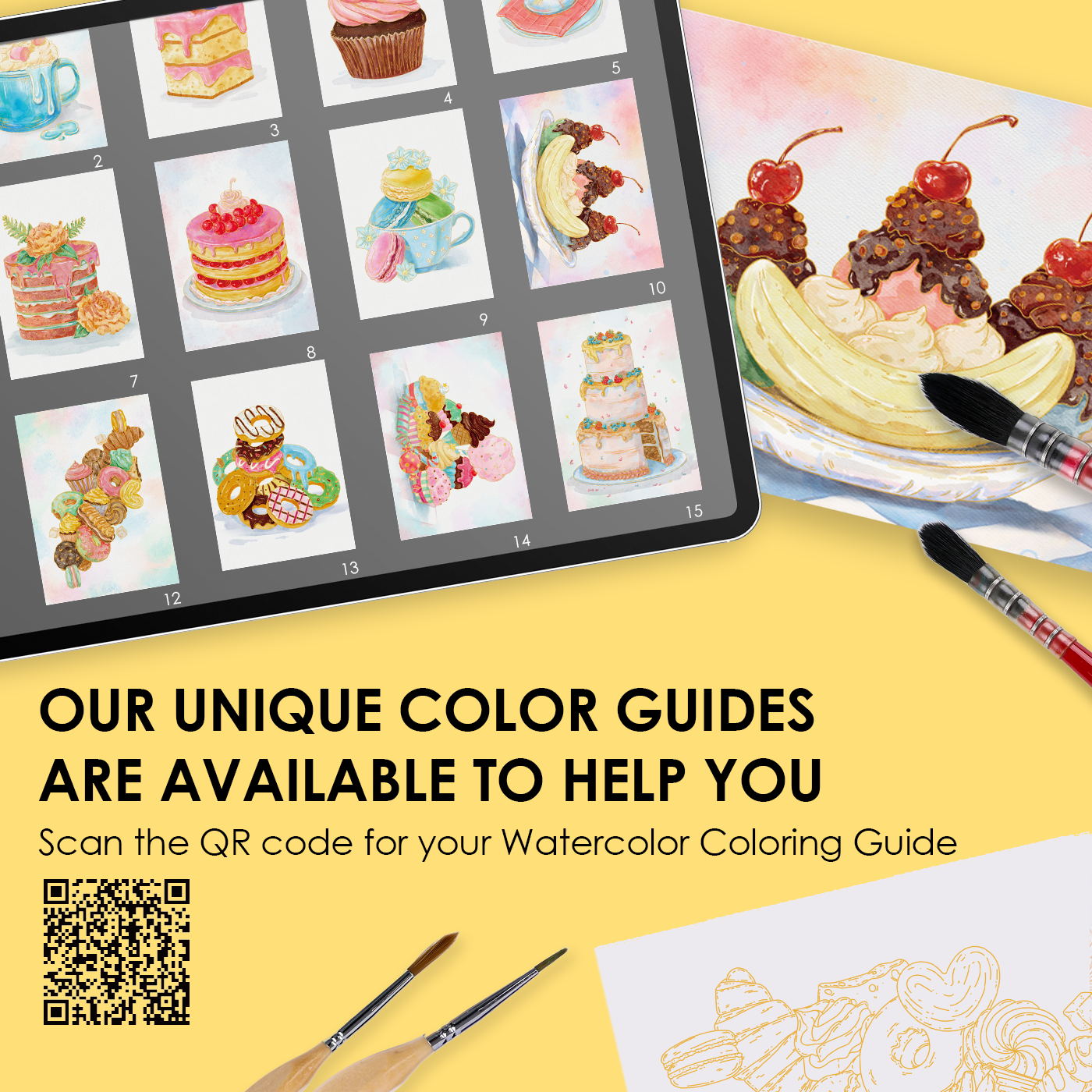 15 Sheets 140LB Dessert-Themed Watercolor Coloring Book