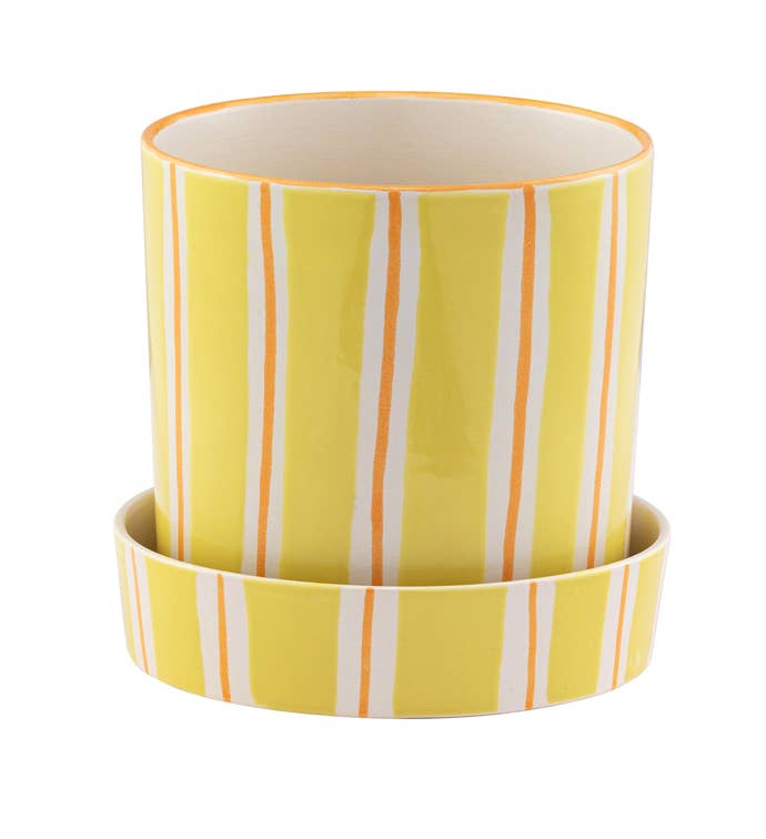 Yellow/Orange Stripe Planter with Saucer - Retro  #22728