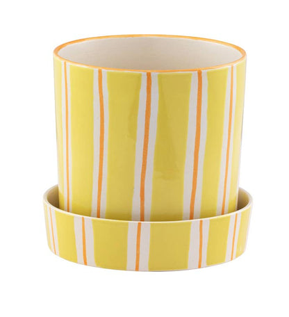 Yellow/Orange Stripe Planter with Saucer - Retro  #22728