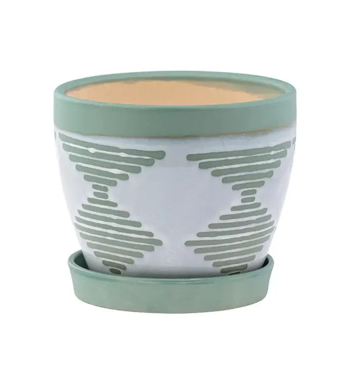 4.5" Green and White Planter with Saucer Summer  #17298