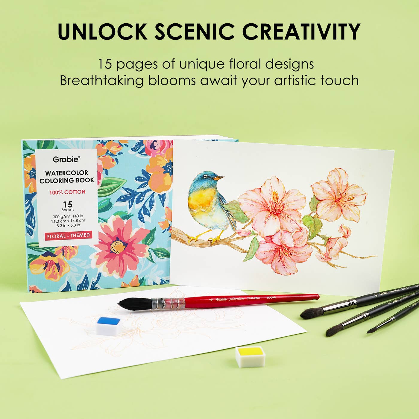 Grabie 15 Sheets 140LB Floral-Themed Watercolor Coloring Book