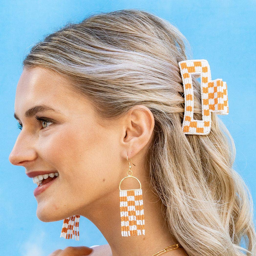 Lola Game Day Checked Beaded Hair Claw Clip Orange and White Wholesale