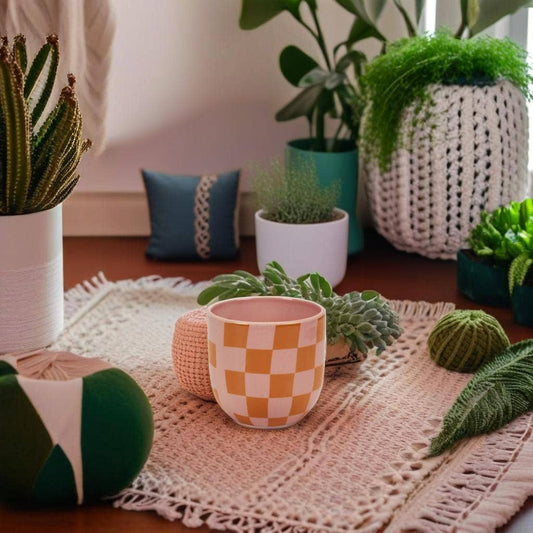 Truu Design 4.5"D  Checkered Print Ceramic Planters/PlantPot