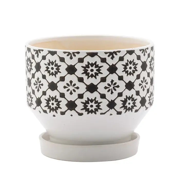 6" Brown and White Floral Pot with Saucer Item #17312