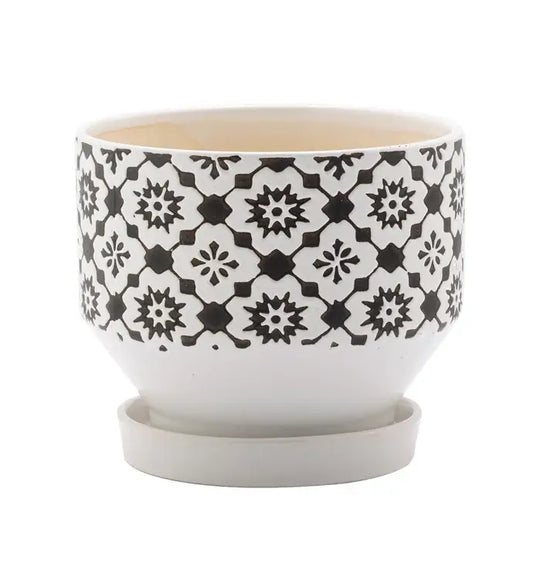 6" Brown and White Floral Pot with Saucer Item #17312