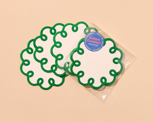 Coquette Scalloped Letterpress Vellum Coasters - Emerald Green (Set of 4) - Made in USA - Stocking stuffer, Holiday, Gift Guide