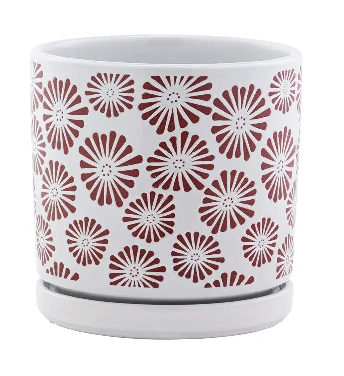 Red Zinnia White Planter with Saucer Item #17210