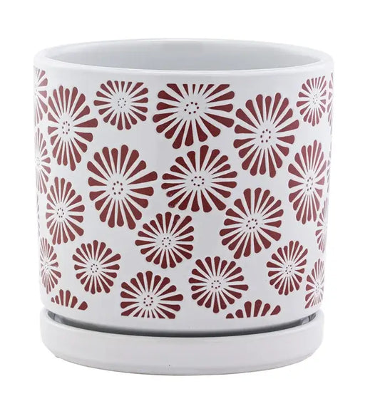 Red Zinnia White Planter with Saucer Item #17210
