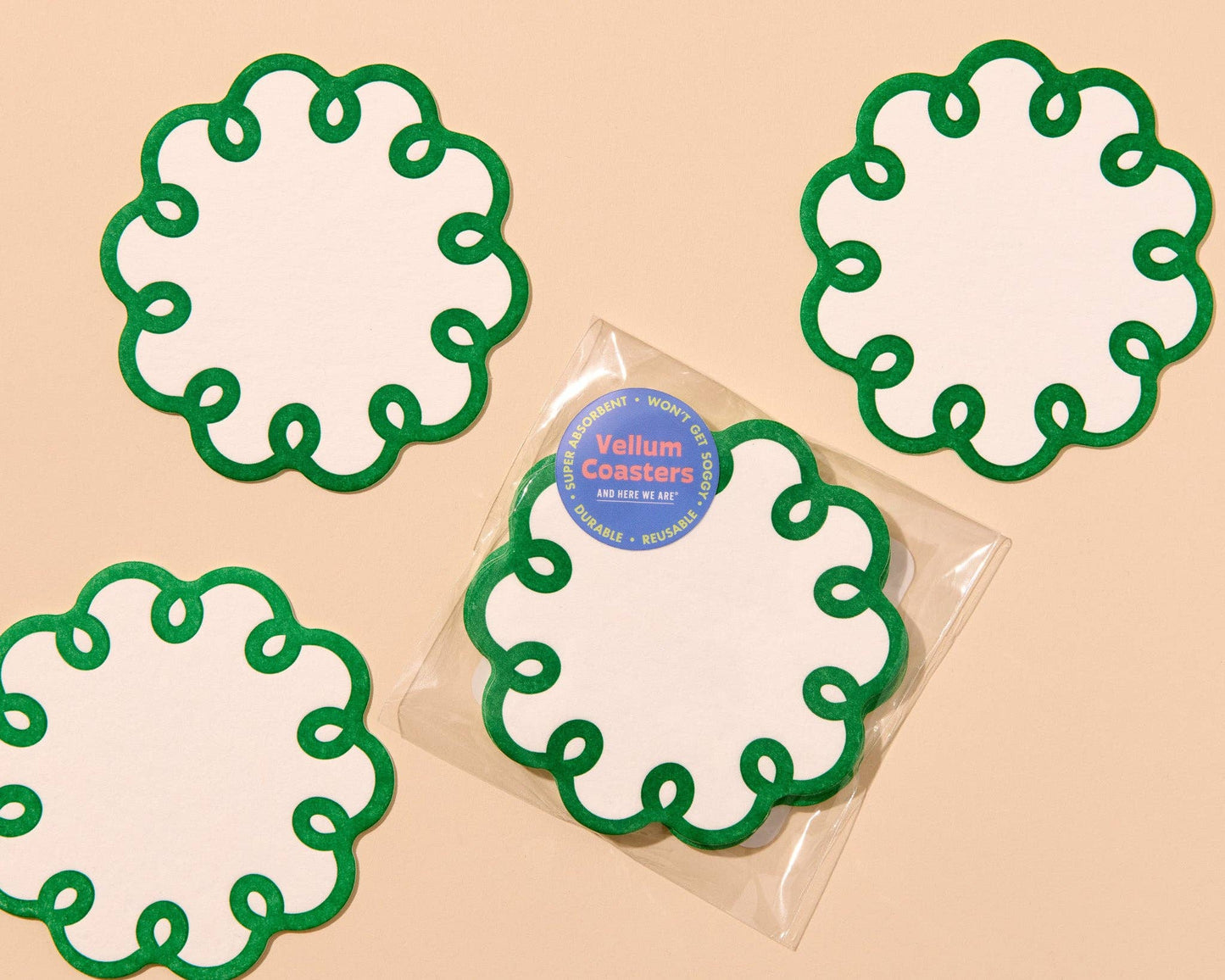 Coquette Scalloped Letterpress Vellum Coasters - Emerald Green (Set of 4) - Made in USA - Stocking stuffer, Holiday, Gift Guide