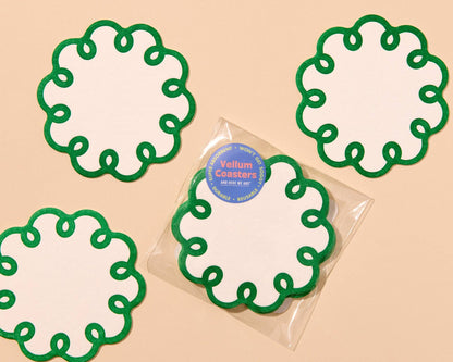 Coquette Scalloped Letterpress Vellum Coasters - Emerald Green (Set of 4) - Made in USA - Stocking stuffer, Holiday, Gift Guide