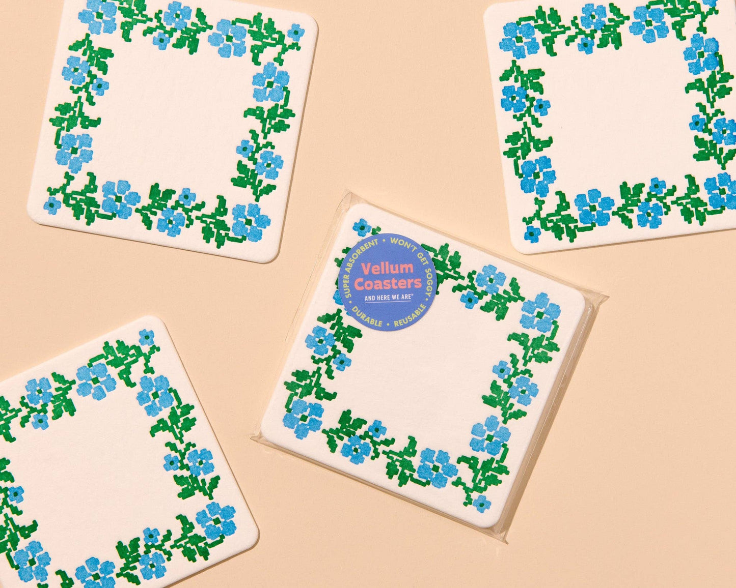 Cross Stitch Flower Vellum Coasters - Blue/Green (Set of 4) - Floral, Sewing, Craft, Made in USA - Stocking stuffer, Holiday, Gift Guide