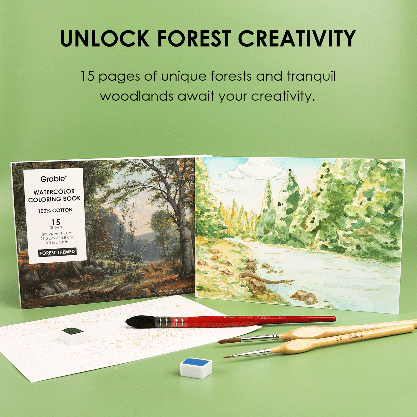 15 Sheets 140LB Forest-Themed Watercolor Coloring Book