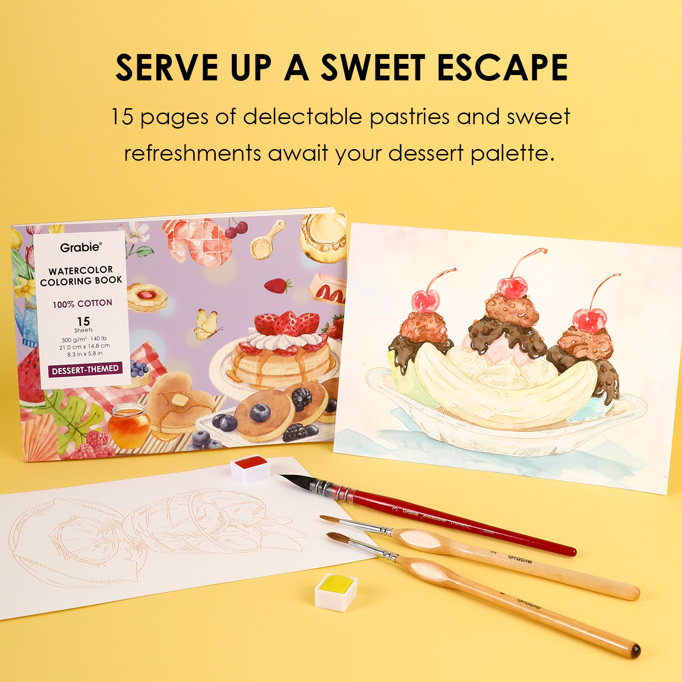 15 Sheets 140LB Dessert-Themed Watercolor Coloring Book