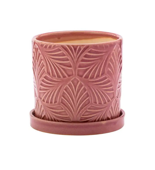 4.5" Pink Planter with Leaf Design with Saucer Item #17315