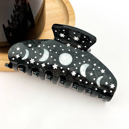 Black Starry Night Hair Claw, Crescent & Full Moon Hair Clip