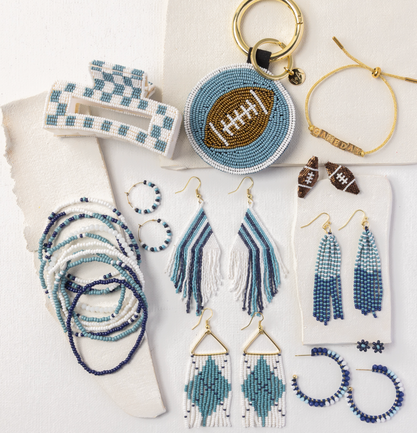 Lola Game Day Checked Beaded Hair Claw Clip Light Blue and White Wholesale