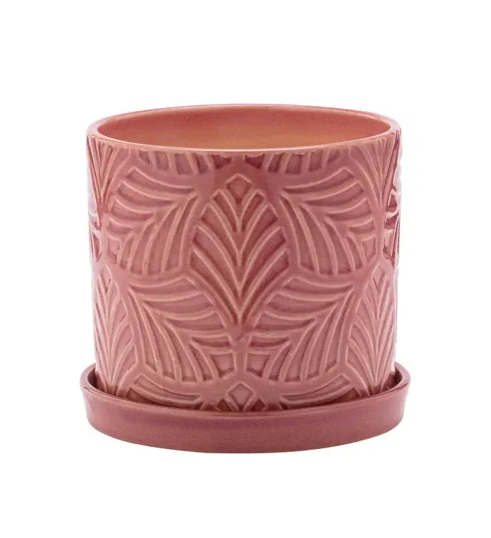 Pink Embossed Leaf Plante with Saucer Item #17314