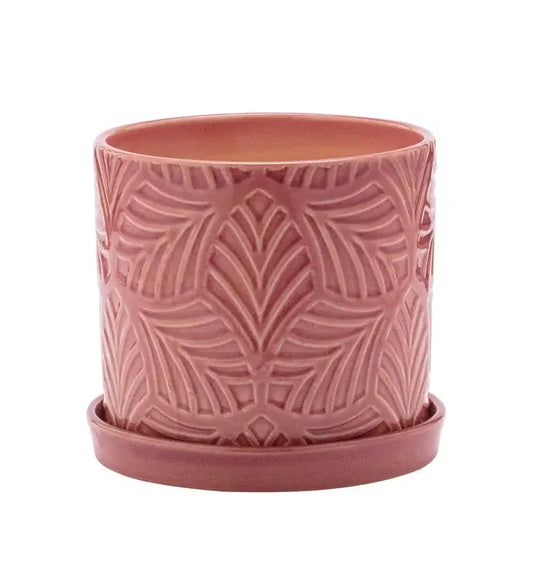 Pink Embossed Leaf Plante with Saucer Item #17314