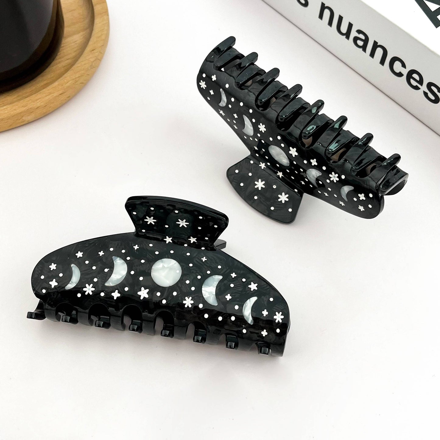 Black Starry Night Hair Claw, Crescent & Full Moon Hair Clip