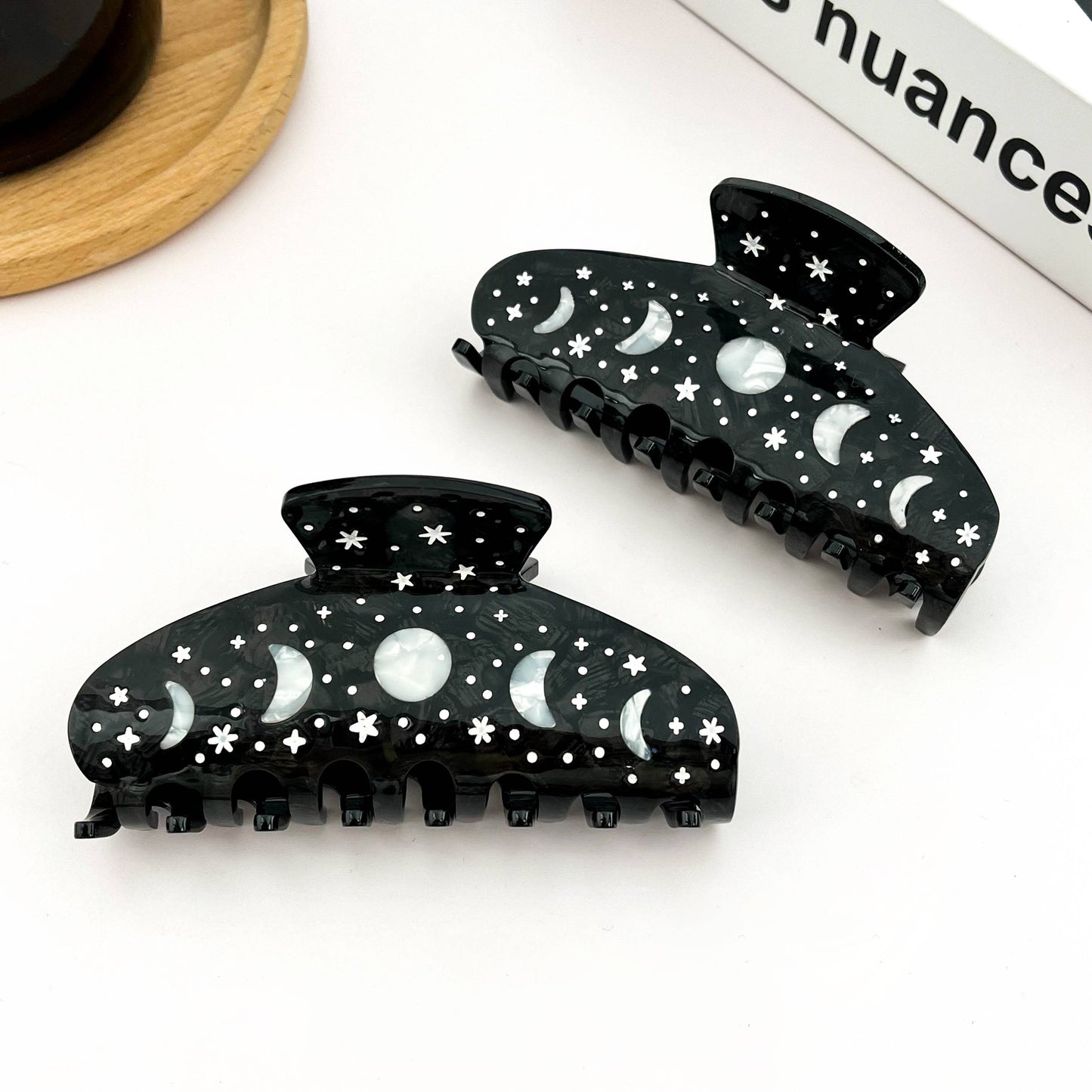 Black Starry Night Hair Claw, Crescent & Full Moon Hair Clip