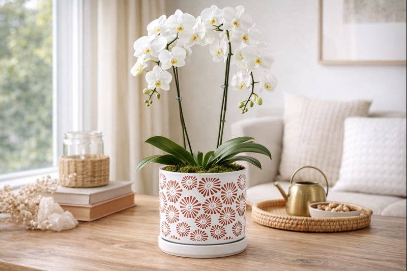 Red Zinnia White Planter with Saucer Item #17210