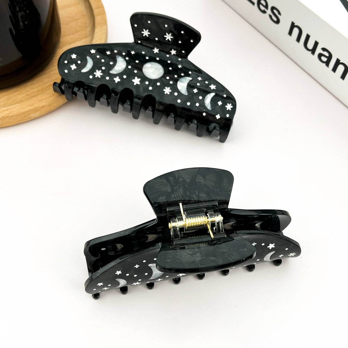 Black Starry Night Hair Claw, Crescent & Full Moon Hair Clip